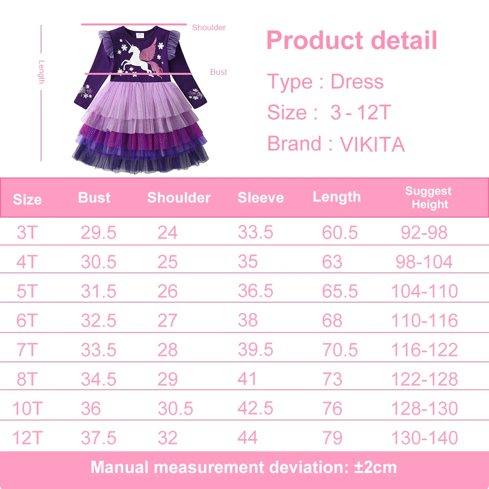 VIKITA Unicorn Kids Dress 2024 Christmas Party Children Costume Flying Sleeve Princess Girls Dress Snowflake Winter Girls Clothe