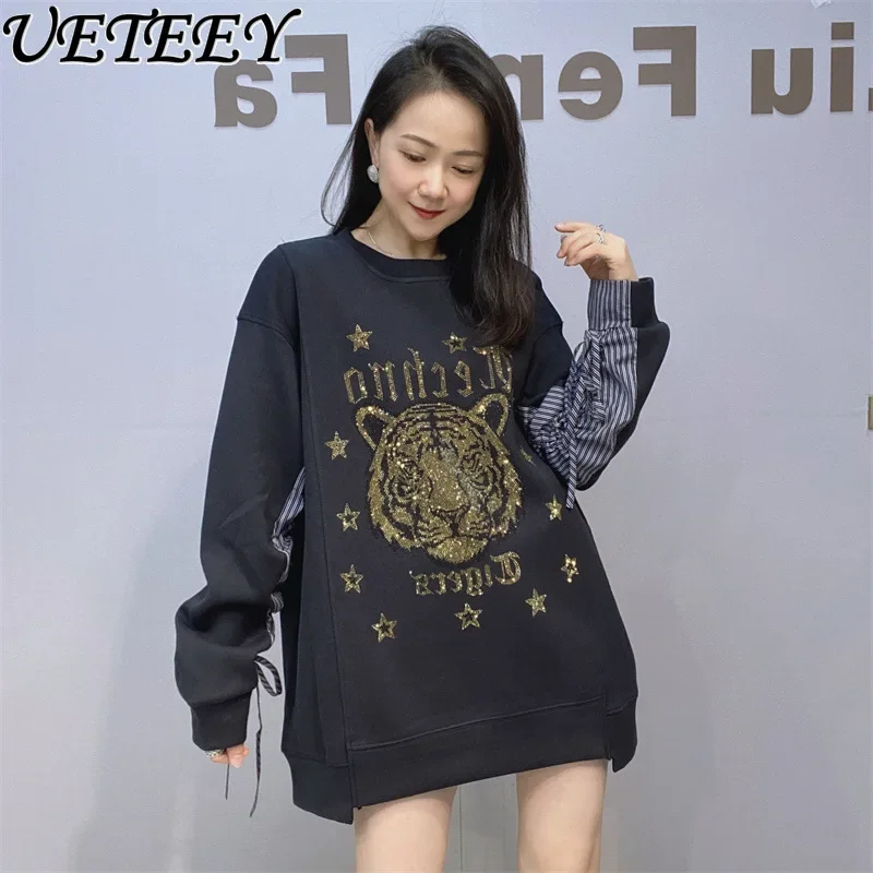 Splicing Contrasting Color Round Neck Design Mid-length Sweatshirt Women's Autumn New Heavy Industry Hot Diamond Loose Hoodies