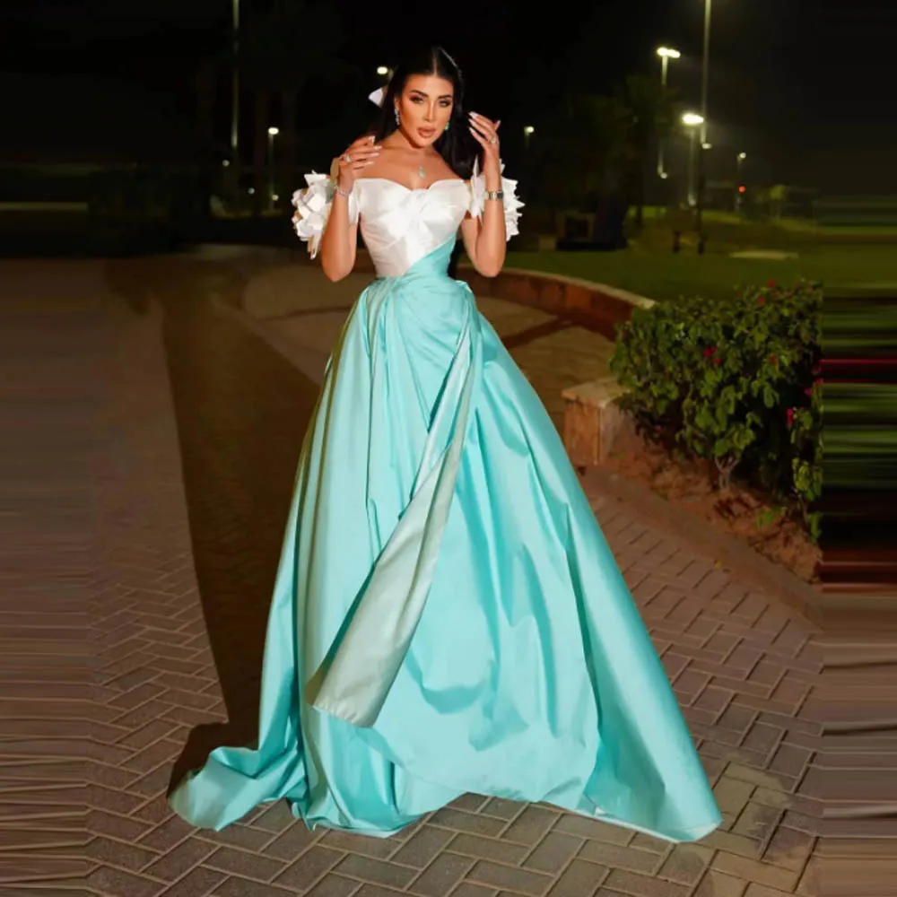 Sky Blue Prom Dresses Off The Shoulder A Line Satin Long Evening Dress Women Birthday Gowns