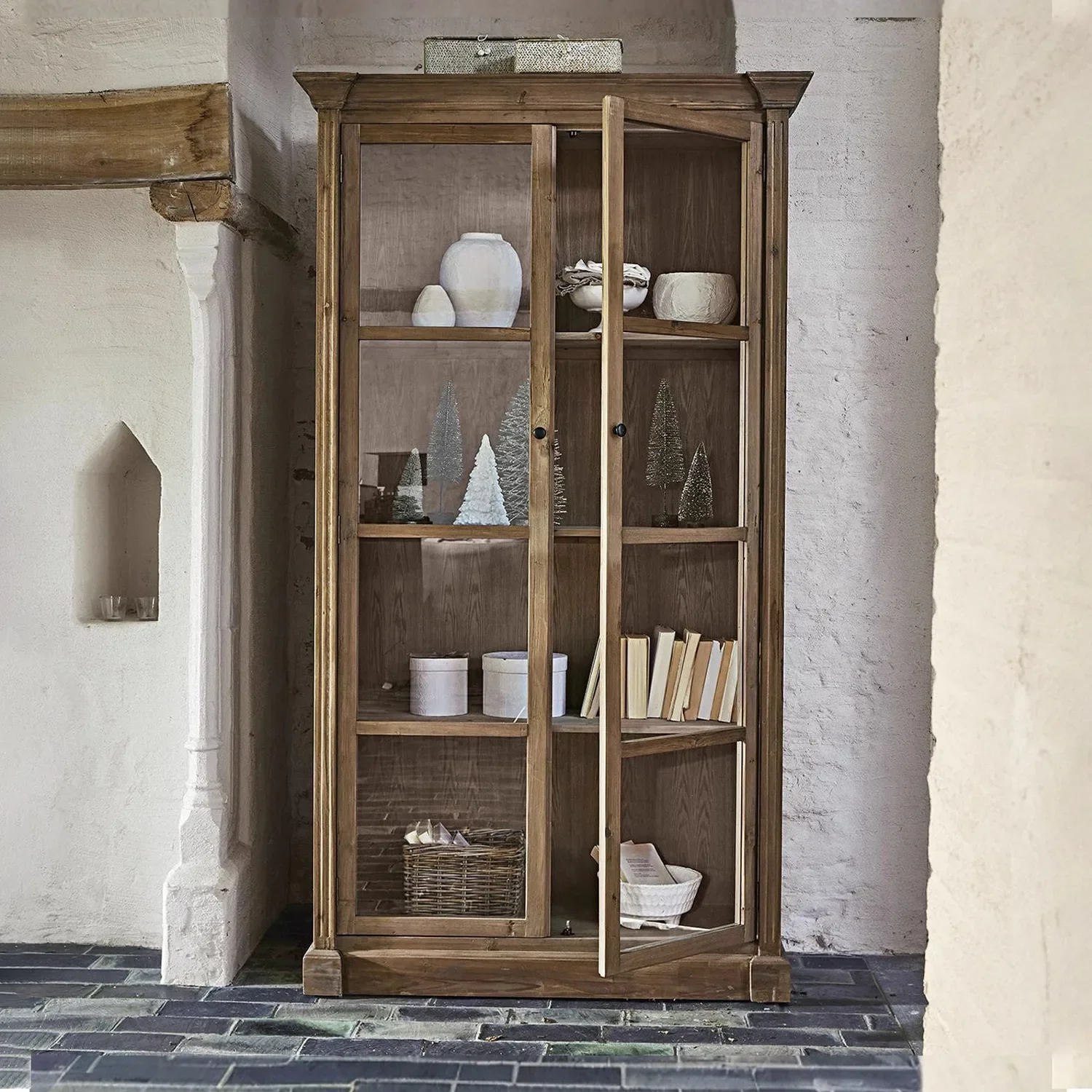 

yj5 French Retro Display Vintage Home Wine Cabinet Glass Door Bookshelf Storage Rack