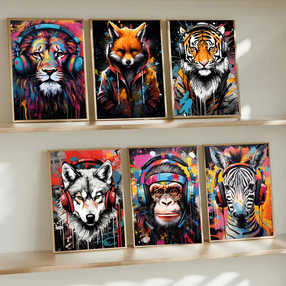 （2D Tin painting）Graffiti Art Lion Monkey Panda Tiger Fox with Headphones Canvas Paintings Gaming Posters Gamer Print Wall Pi