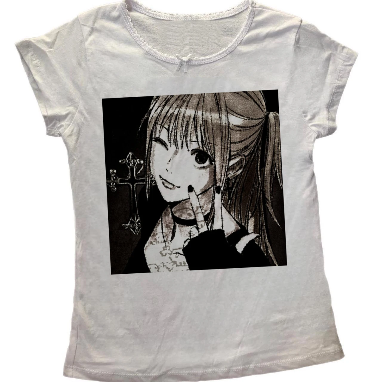 Y2K Gothic Anime Long Sleeve Shirt Women Death Note Misa Amane Cross Manga Art Print Slim Fit Cropped Harajuku Aesthetic Casual