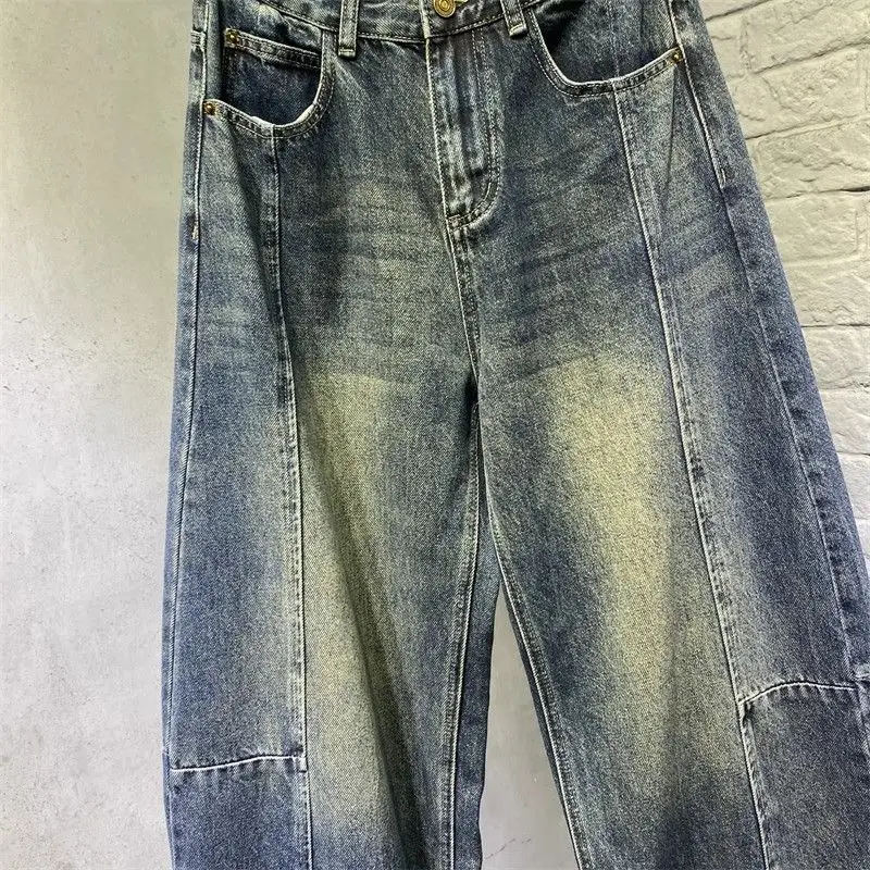 Damen-Jeans mit lockerem, weitem Bein, hohe Taille, Patchwork, lässig, Herbst 2022, Vintage-Stil, schlankmachende, konische Hose, Freizeithose