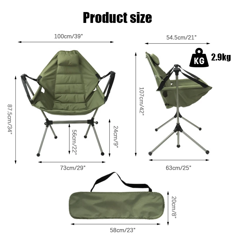 Feistel Rocking Recliner Camping Chair Aluminum Alloy Swing Camp Chair Padded Garden Hammock Camp Chairs with Pillow