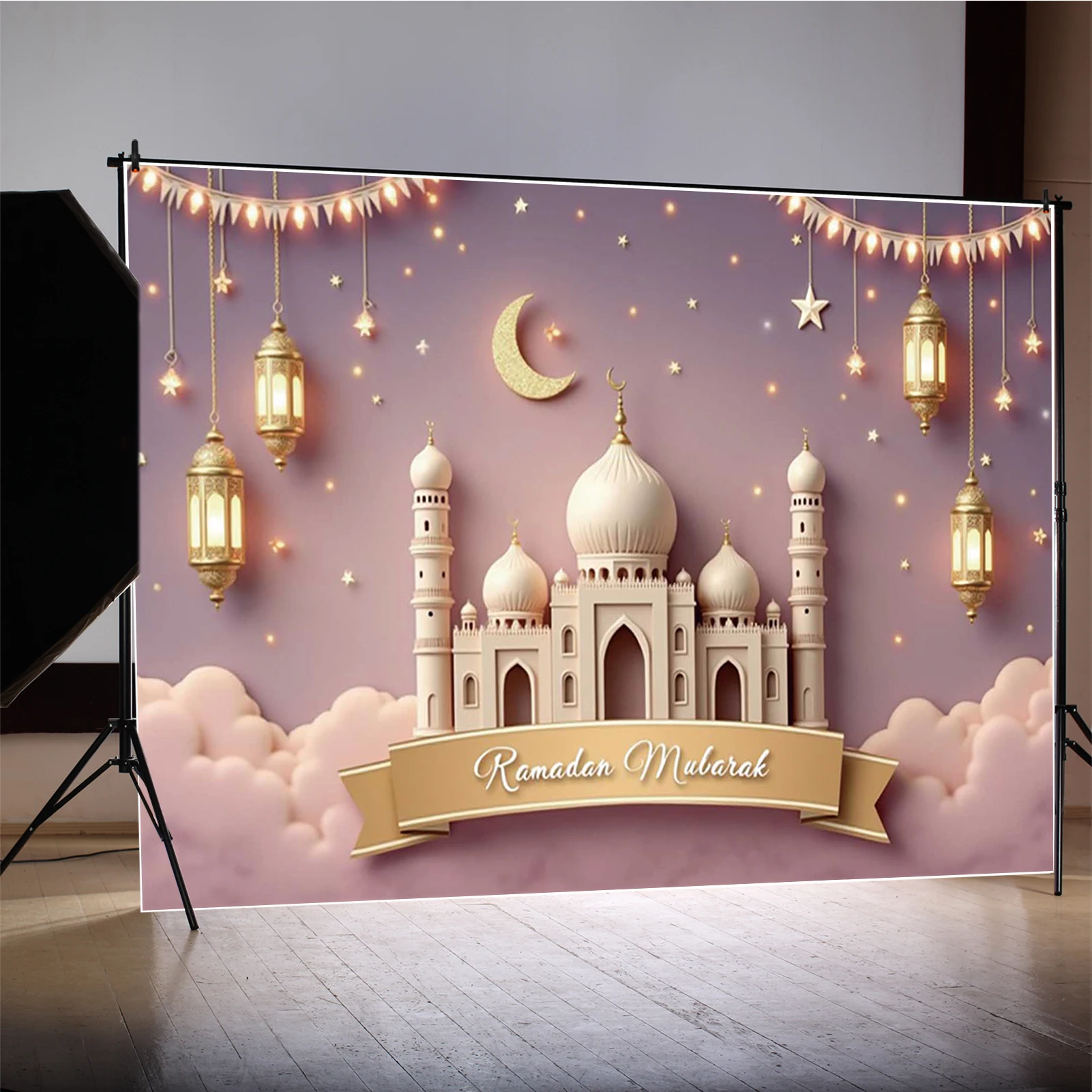 MOO.QG 2025 Eid Mubarak Islam creyente mezquita fondo fotografía Rosa Pairy Moon Festival fiesta Banner telón de fondo decoración