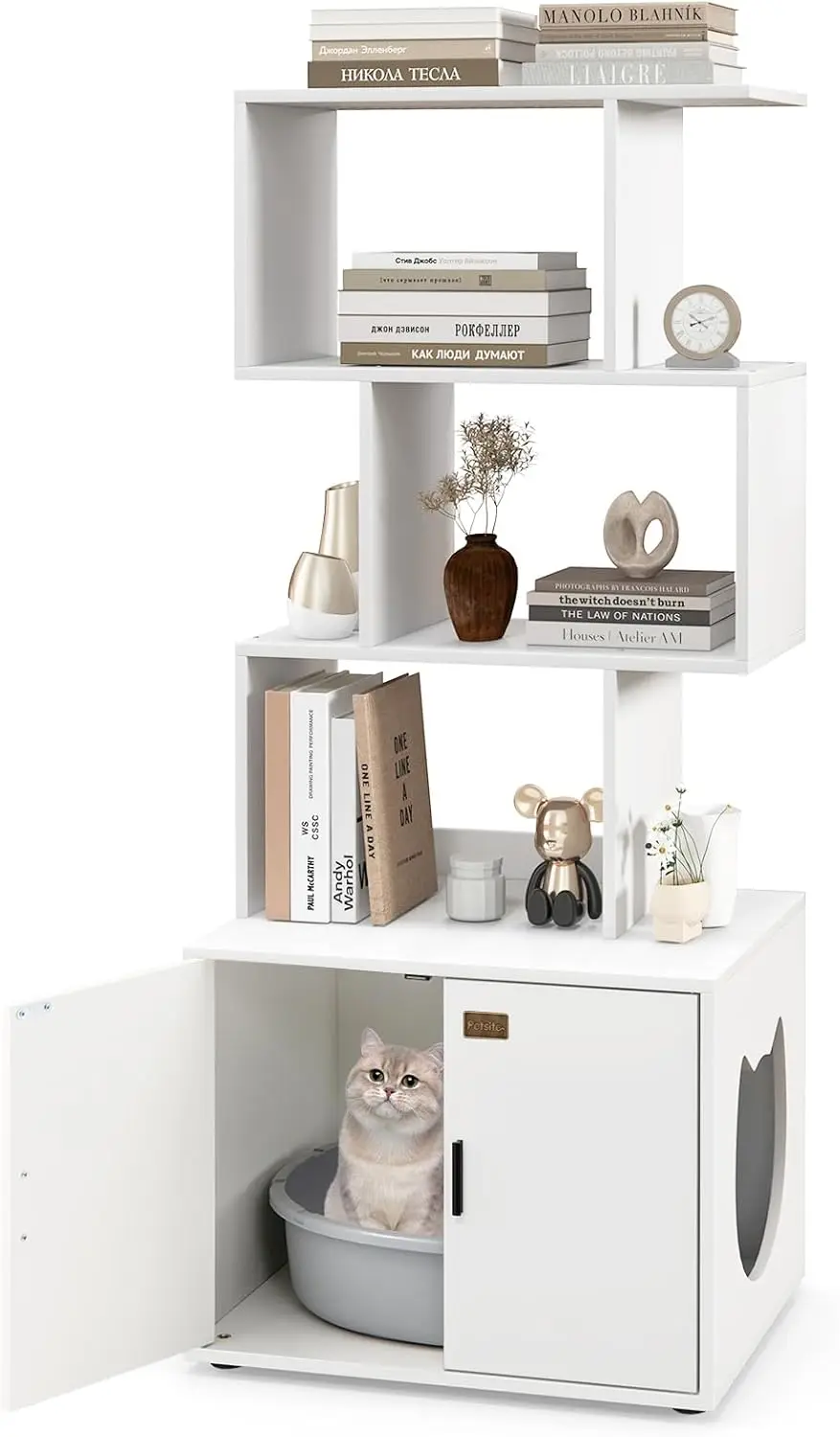 

Cat Litter Box Furniture with 3 Shelves and Doors, 56 inch Tall Cat Box Enclosure with Display Shelves and Side Entry,