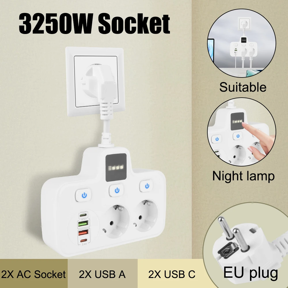 Wall socket Charger EU plug Power Strip TYPE-C Adapter USB Fast Charger Smart Home Socket Extension Socket With Night Light