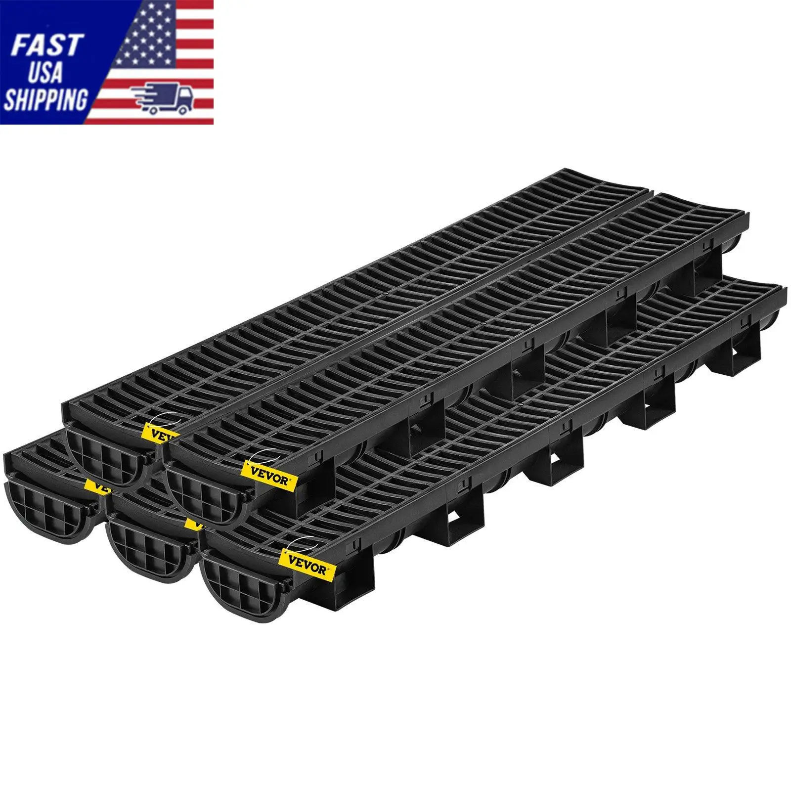 Trench Drain System, Channel Drain with Plastic Grate, 5.7x3.1-Inch HDPE Drainage Trench, Black Plastic Garage Floor Drain