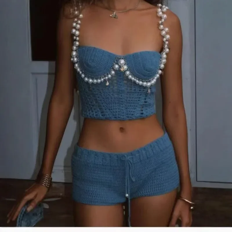 

Sexy Stretch Pearl Hollow Out Crop Top Slim Shorts INS Y2K Vacation Holiday Beach Outfits Summer Women Knitted Two Piece Set