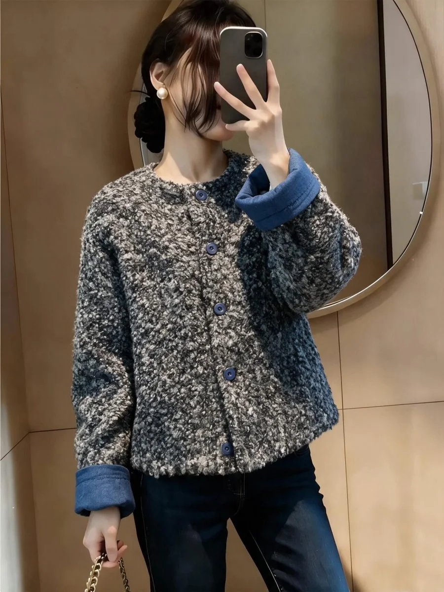 Ladies Thickened Cotton Lined Short Lamb Fur Jacket Warm Casual Style Polyester Fabric Long Sleeve round Neck Button Closure ...