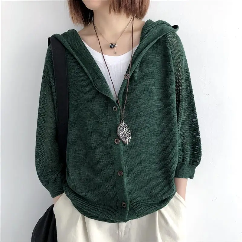 Women\'s Spring Summer New Commute Solid Color Loose Large Hooded Thin Sweater Hollow Out 3/4 Sleeve Button Knitted Cardigan Coat