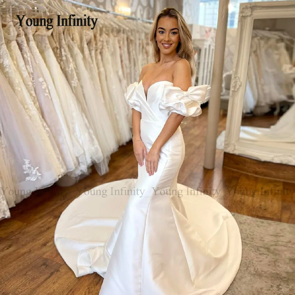 

Clean And Chic Mikado Silk Wedding Gown 2024 Draped Strapless Bodice Sweetheart Off Shoulder Bow Bridal Gown Woman Bride White