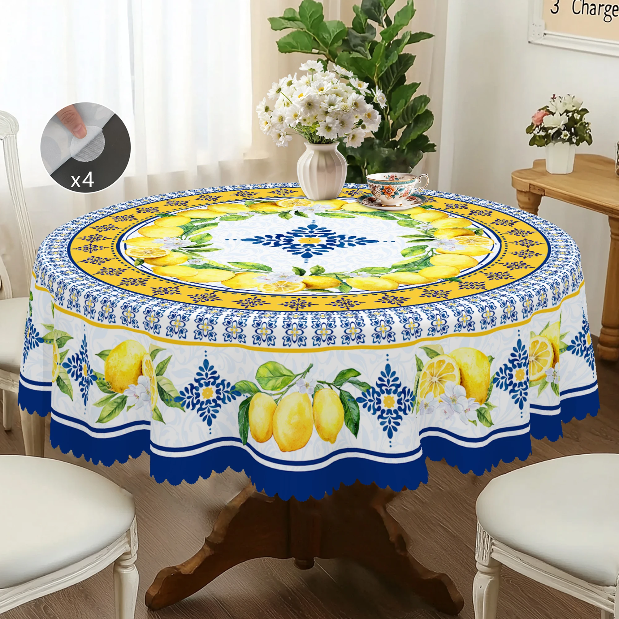 1 Piece Lemon Theme Tablecloth, Bright Lemon, Bohemian Blue Pattern Design, Retro Country Farmhouse Style, Suitable for Spring and Summer Camping Style Picnic, Holiday Party, Garden Birthday Party Decoration, Kitchen Accessories, Restaurant Terrace, Indoor and Outdoor Tablecloth, Perfect Gift for Friends, Multiple Sizes Available