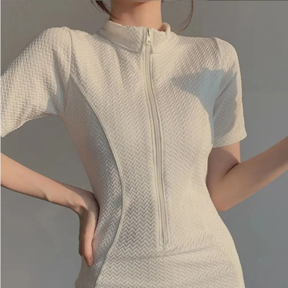 

New Fashion Short Sleeve Swimming Suit Half High Collar Solid Bathing Suit High Neck Blue Rash Guard Surfing