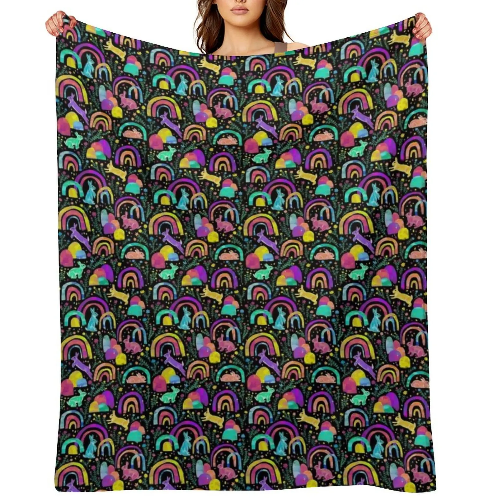 

Rainbow Rabbits - black Throw Blanket Flannels Tourist Bed linens Blankets Sofas Of Decoration Blankets