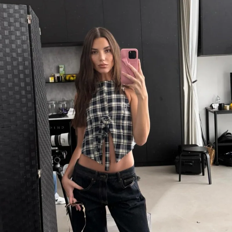 2025 Summer Sexy Hottie Backless Suspended Neck Checkered Cardigan Strap Up Strap Hollow-out Short Vest Women Midriff-baring Top