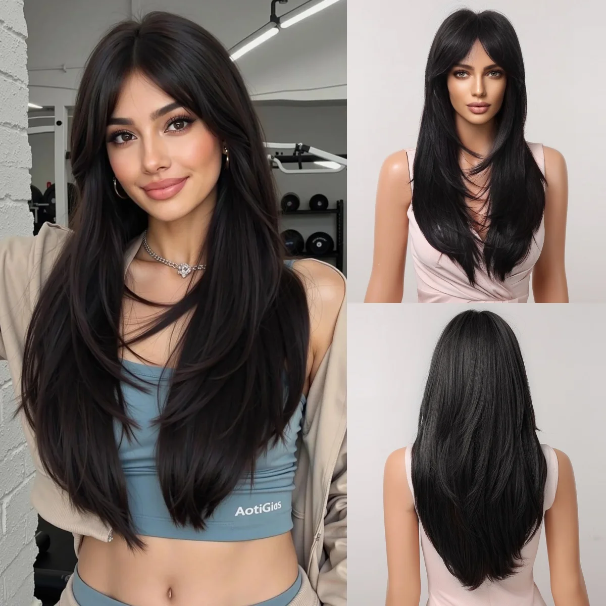 Black Long Straight Synthetic Wigs Layered Wig with Bangs Hairs Wig for Women Daily Party Use Natural Heat Resistant Fiber
