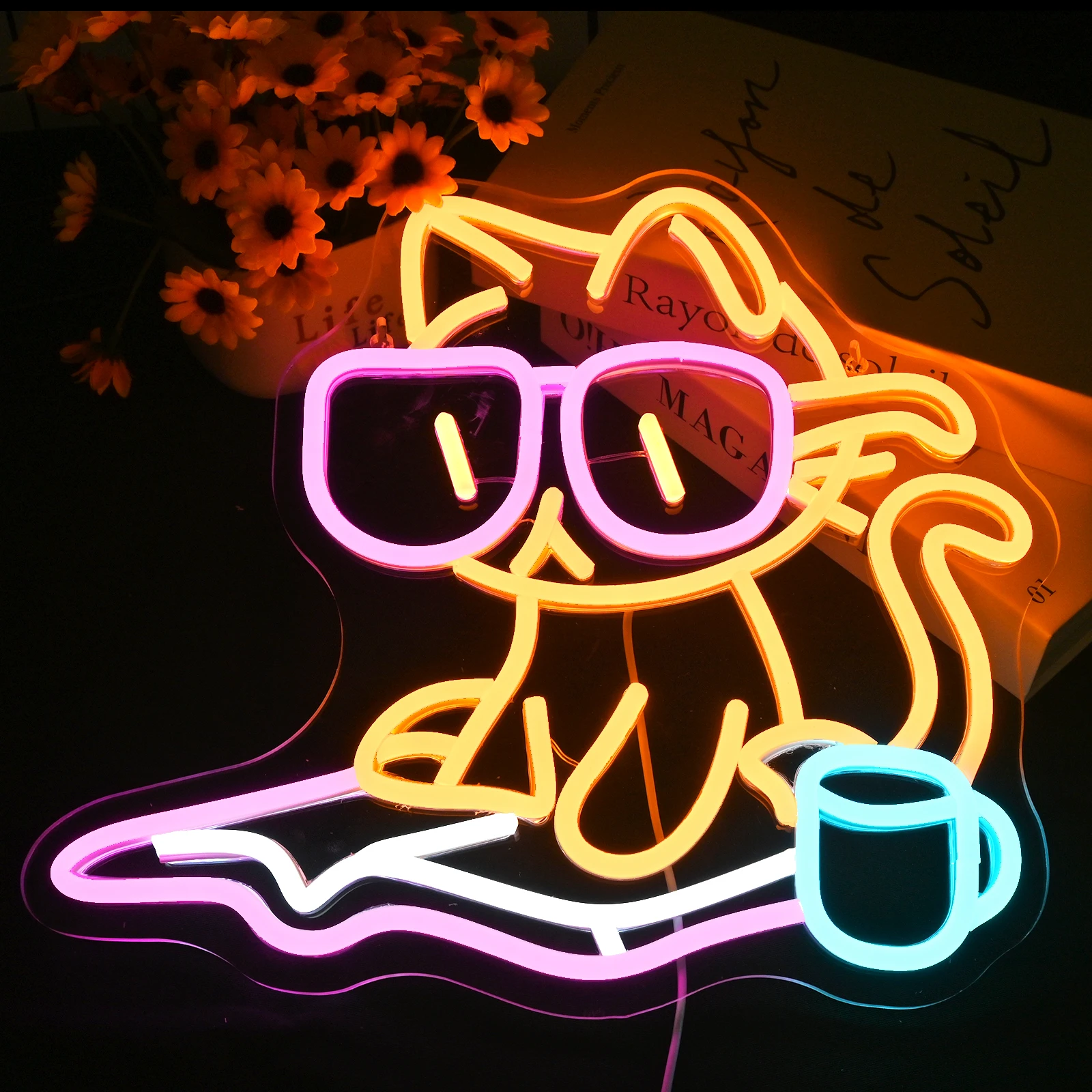 Imagem -02 - Cat Reading Book Neon Sign Wall Decor Dimmable Led Light Livro de Aula Biblioteca Decor Light Parede 5v 2a