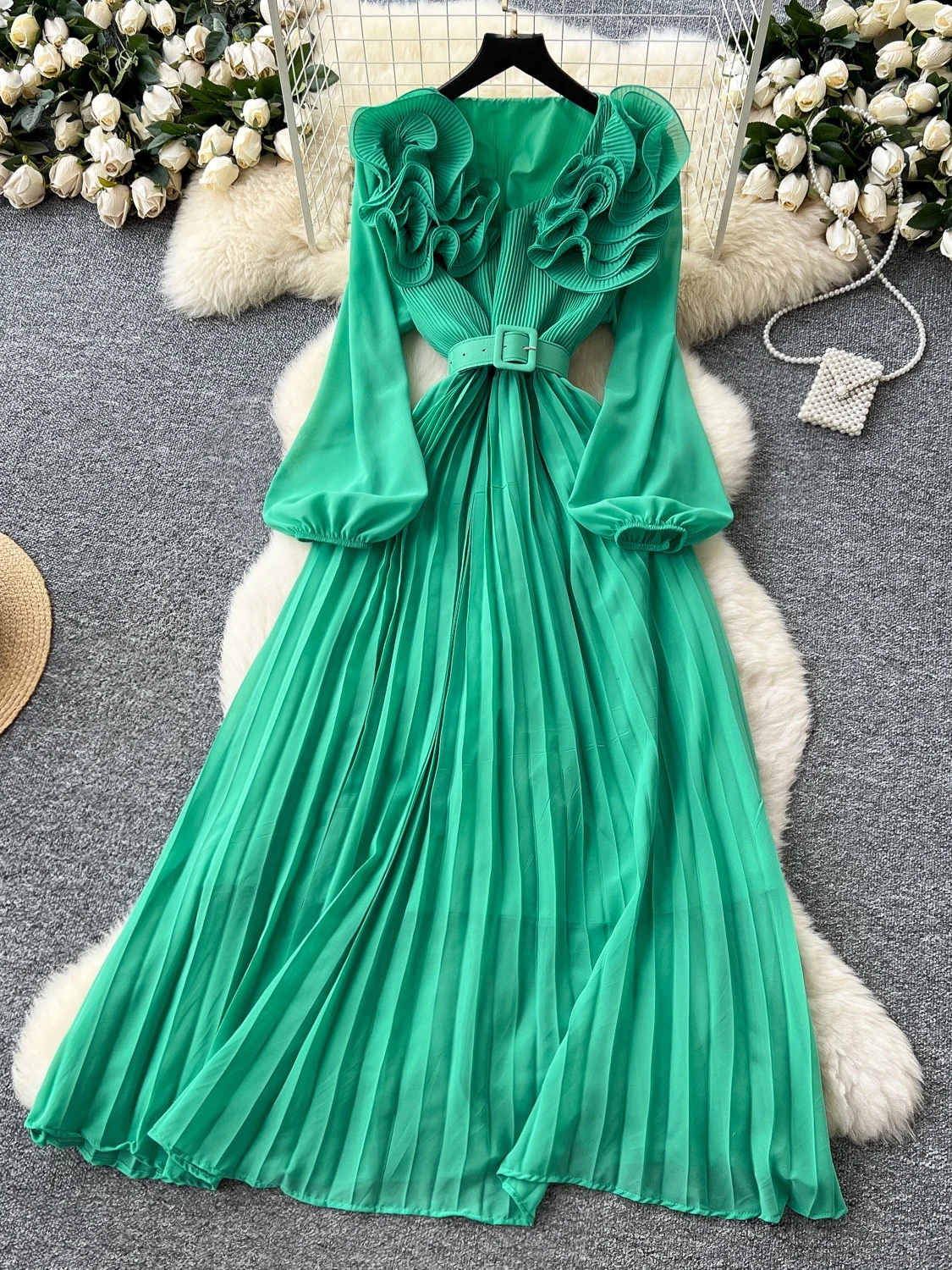 Retro Floral Lantern Sve Pleated Waist Cinching Long Dr Women's 2025 New Sle Slimming Ele Midi Skirt Korean Version