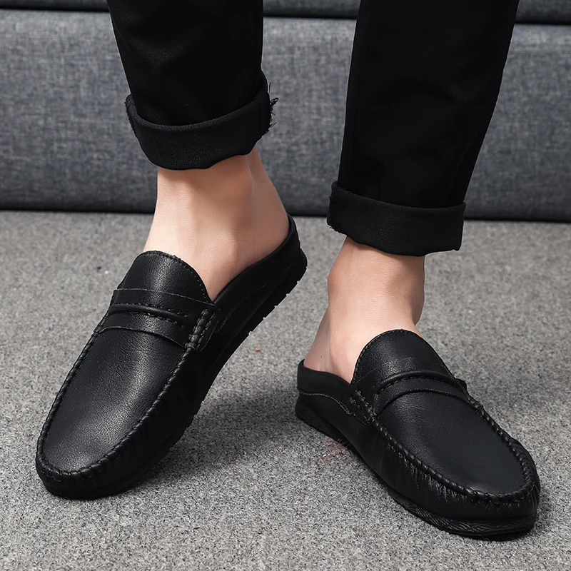 Black Mules Men Backless Loafers Casual Shoes Closed Toe Leather Half Slippers Slides Sandals Slip-on Flat Sneakers Lightweight