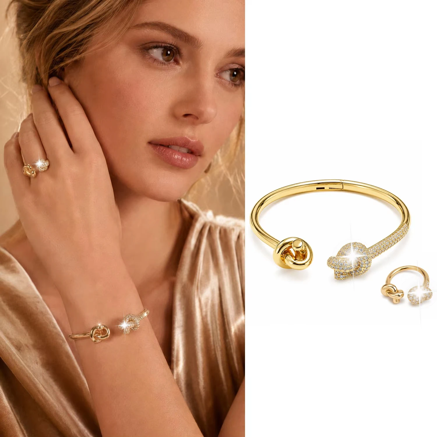 Offener Armreif-Ring-Set für Damen, Rundes Dekor, Verstellbares Armband, Modischer Statement-Schmuck, 2-teiliges Set, Party- und Alltagsaccessoires
