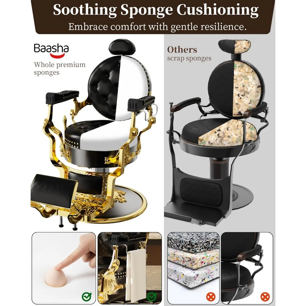 Black and Gold Retro Classic Barber Chair, Heavy-Duty Reclining Barber Chair, Vintage Salon Chair with Exquisite Rivet Design,