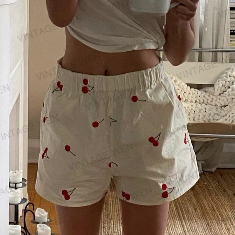 Complex White Beige Cherry Embroidery Loose Casual Shorts Women's Cotton Summer Pants