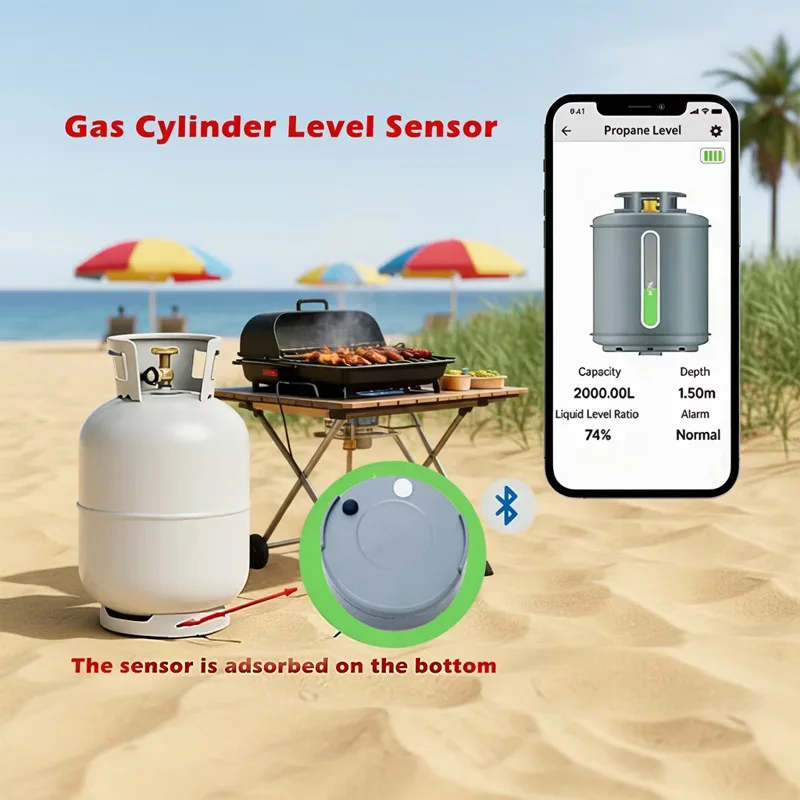 Smart LPG Cylinder Level Monitor, Ultrasonic Non‑Contact BLE Propane Detector, Magnetic Base, High‑Low Level Alarm