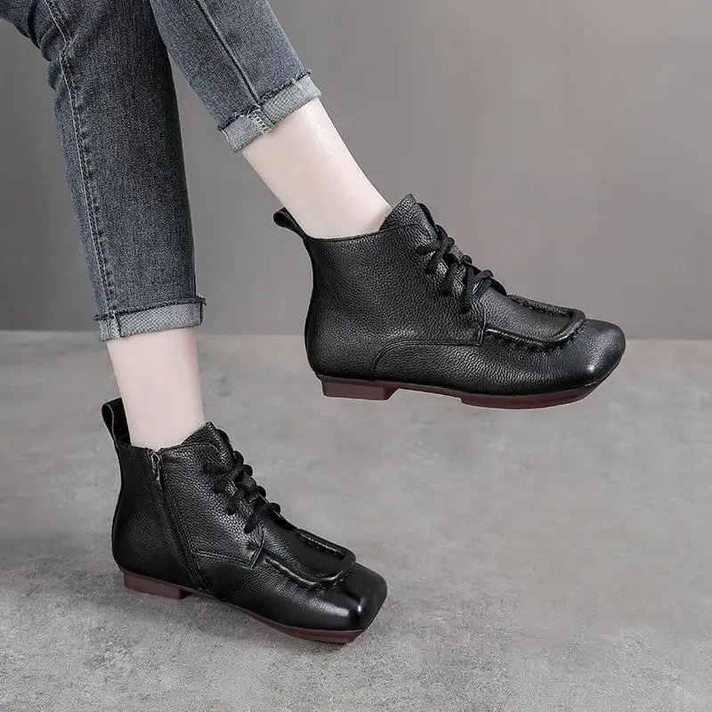 

Genuine Leather Square Toe Boots Women's High Top Side Zipper British Style Ankle Short Boots Breathable Comfortable