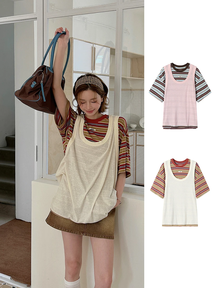 

Мягкая полосатая цветная футболка с искусственным из двух предметов, весна-лето, повседневная женская футболка Faion REREK GoGoBuyer, полиэстер, спандекс