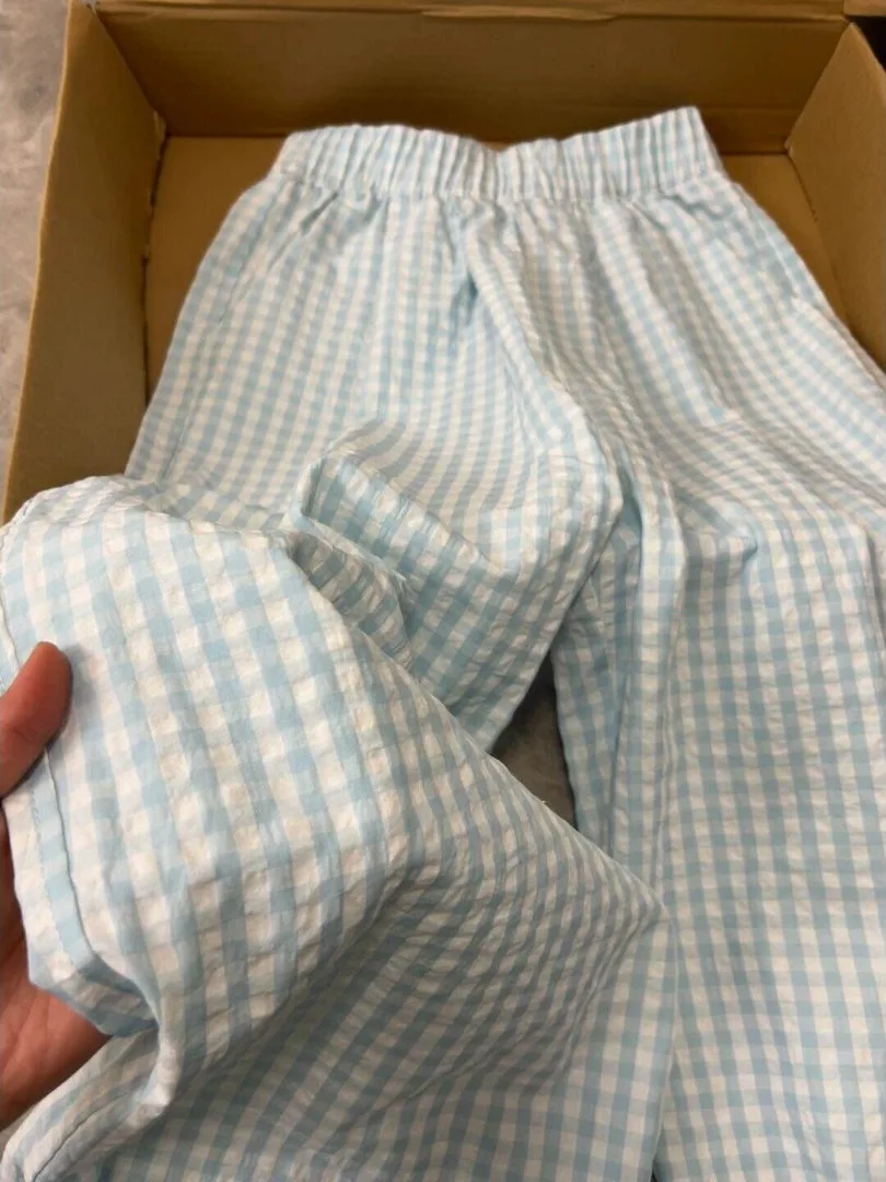 

Mint Blue Plaid Wide Leg Pants Women's Casual Loose Fit Trousers Spring Summer 2026 New Style plus Size Slimming Drapey