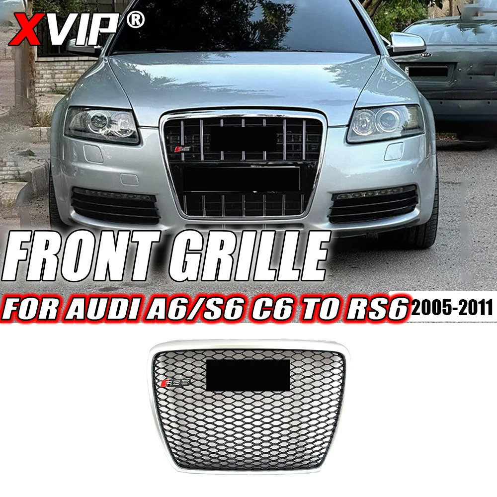 XVIP Matte Silver Trim Grill RS Style Front Bumper Grille Fit For Audi A6 S6 C6 2005-2011 To RS6 Style High Quality Upper Grille