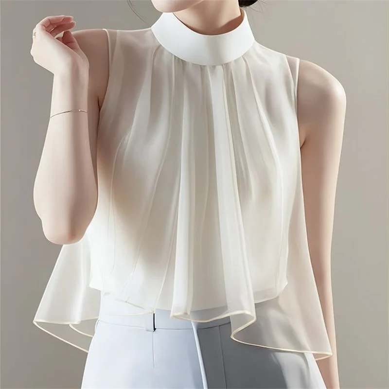 Hanging Neck Shirt For Women Blouses Sleeveless Top Summer Clothes Shirt Pleated Top Short Thin Blou Splicing Female Blouses