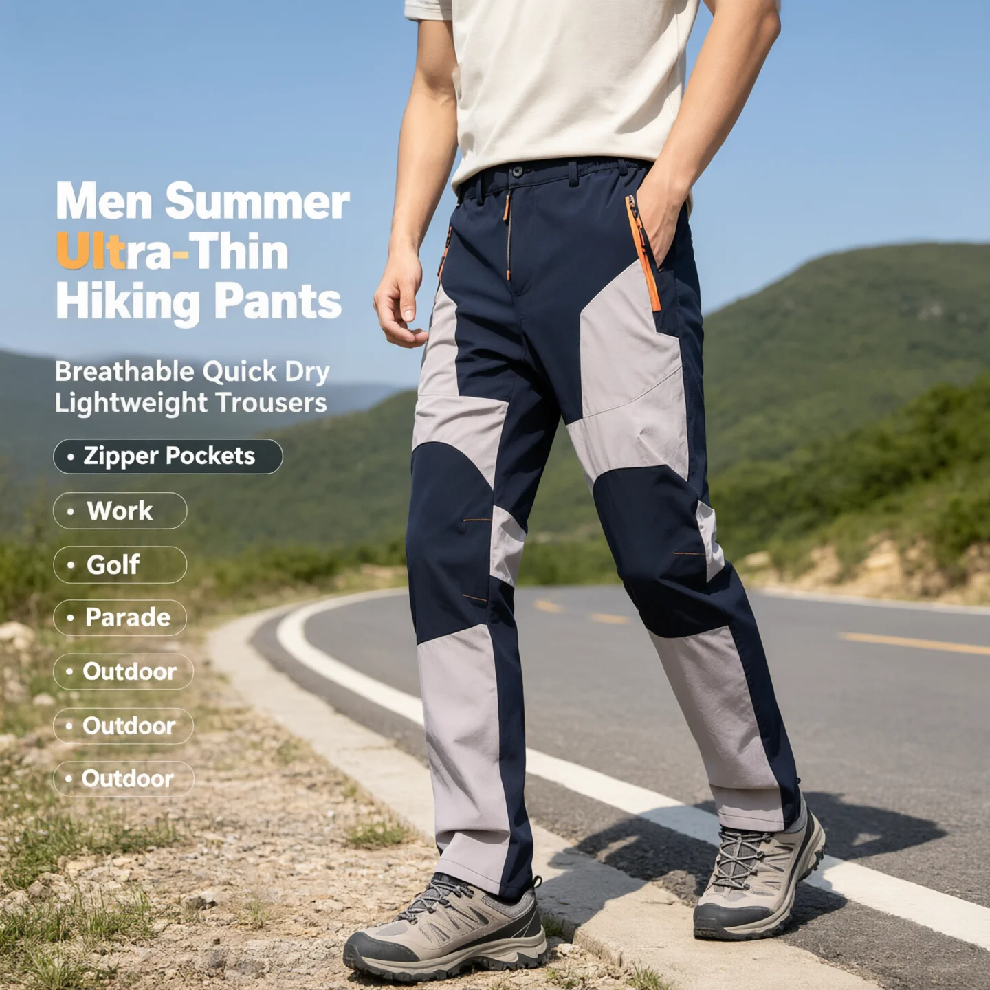 Men Summer Ultra-thin Breathable Quick Drying Hiking Pants Zipper Pockets Lightweight Work Golf Parade Trousers