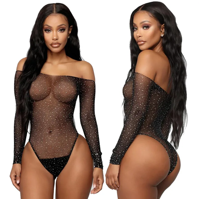 2022 Sexy Underwear Set Woman Lace Bra Transparent Tights 18 Adults Erotic Costumes Rhinestone Fishing Net One Piece Stockings