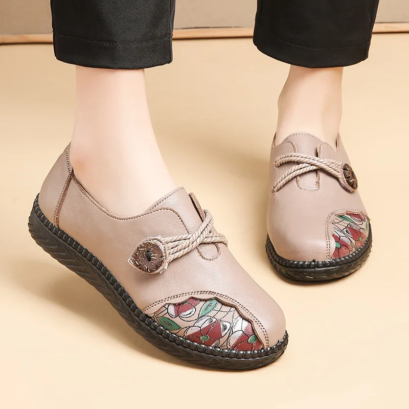 Slip resistant shoes for women new spring ballet flats ladies vintage loafer shoes with string button retro mother flats walking