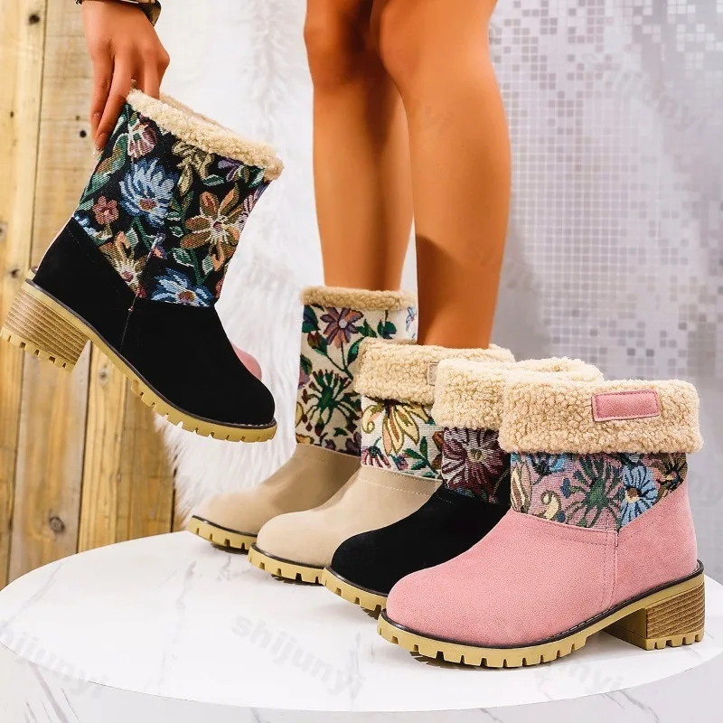 

Fashion Print Warm Thickern Hairy Coarse Heel Short Boots for Women 2025 Winter Vintage Versatile Plush Comfortable Cotton Boots