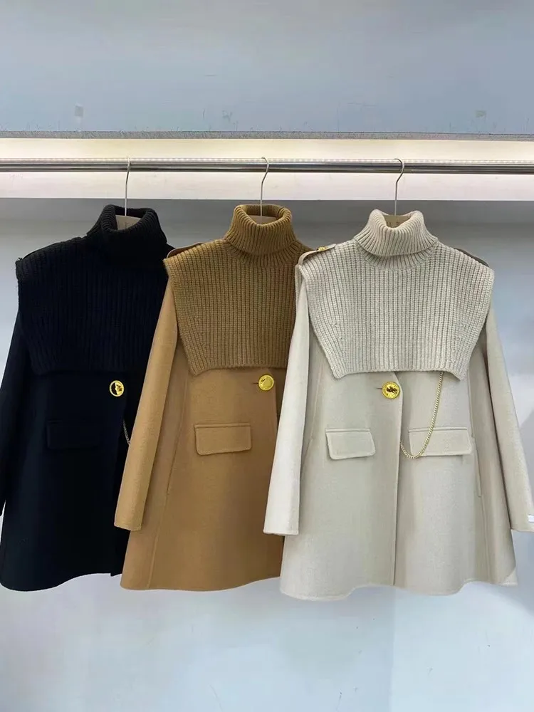 Mantel wol cantik, Turtleneck dapat dilepas dua sisi mantel kasmir gaya Inggris satu kancing A Line jaket musim gugur musim dingin