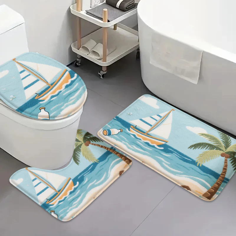 

3PCS beach vacation pattern bathroom carpet flannel non slip foot mat absorbent floor mat suitable for home decoration