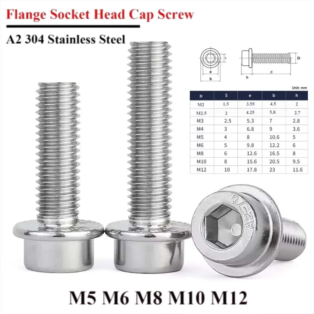 M5 M6 M8 M10 M12 Flange Hex Socket Head Cap Screws 304 Stainless Steel Allen Bolts w/ Serrated Washer 2/5/10/20pcs Set