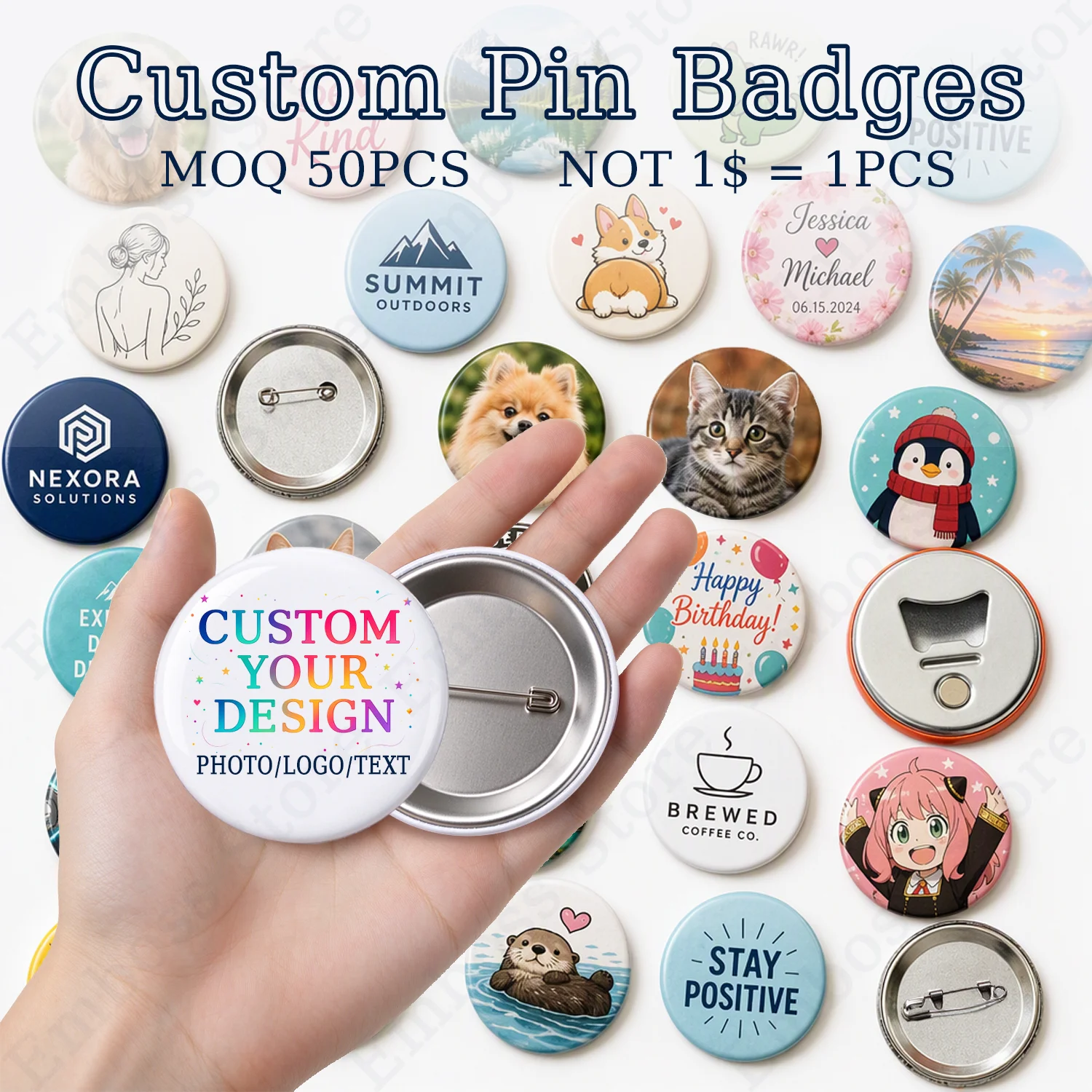 50pcs/lot Custom Button Pins Personalized Tinplate Pin Printed Pictures Logo Text Metal Lapel Badges For Corporate Wedding Party