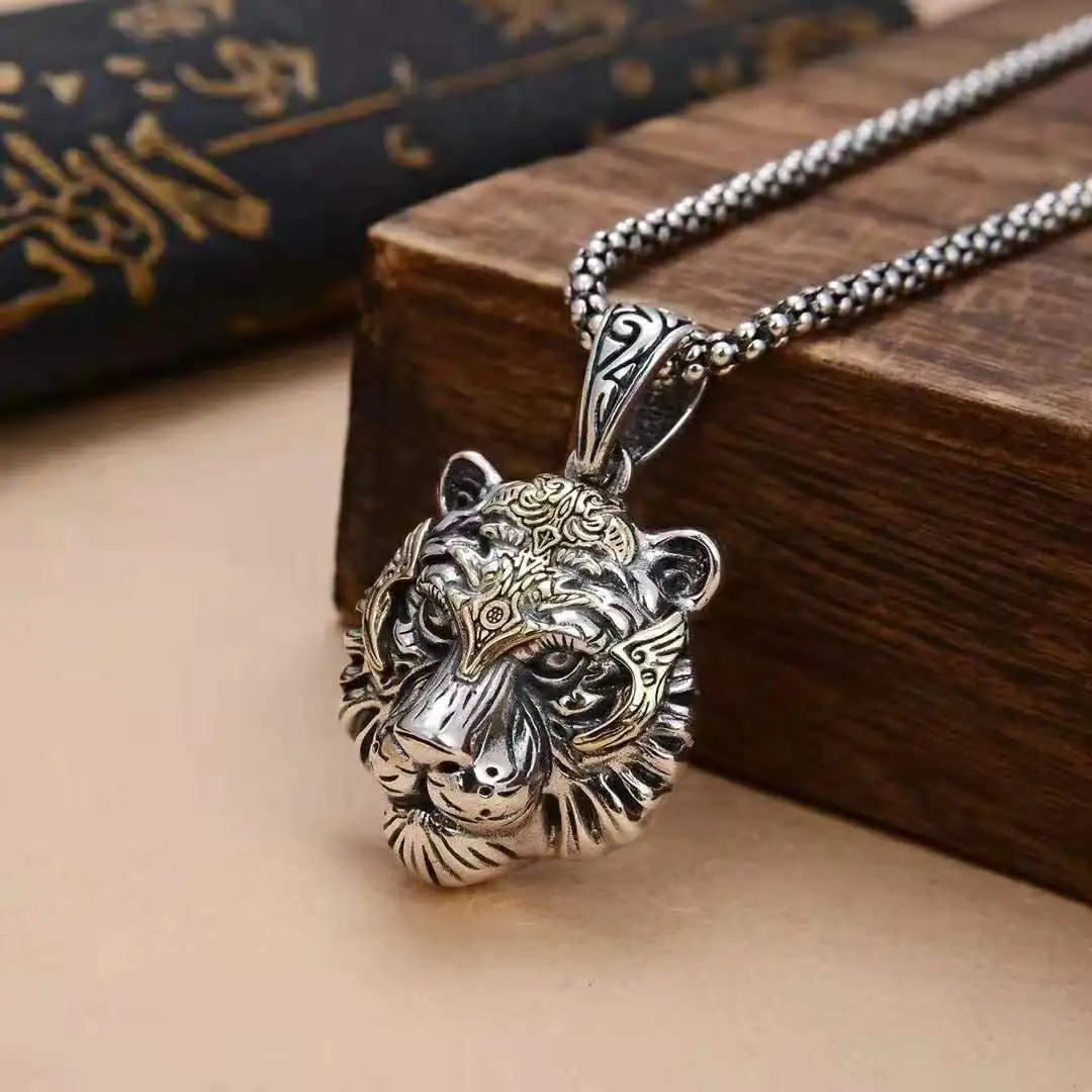 Punk style exquisite and domineering tiger head pendant, male sterling silver s925, personalized trendsetter white tiger necklac