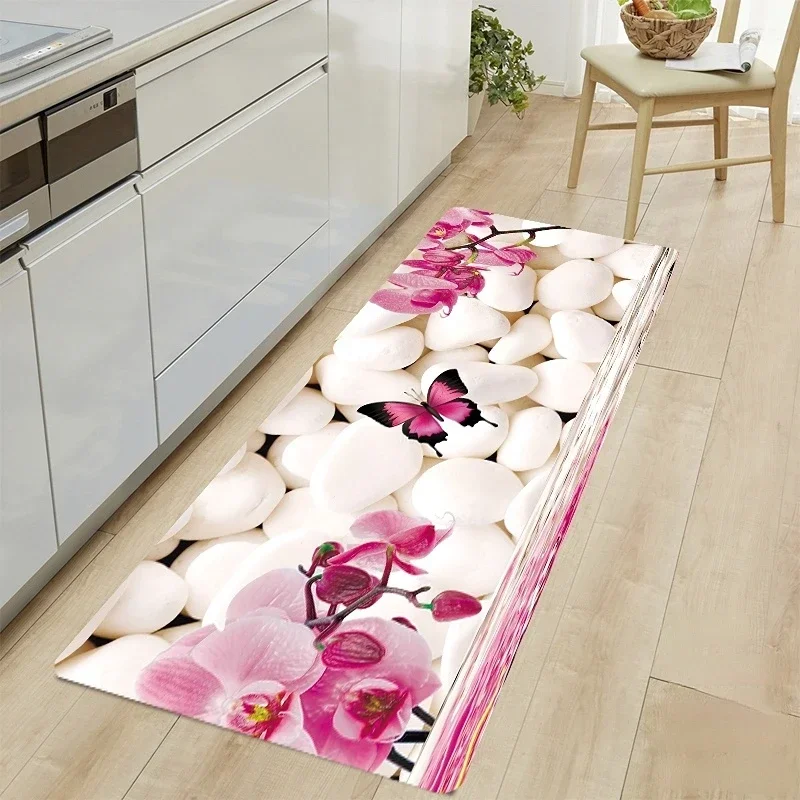 3D Cobblestone Stone Flowers Kitchen Floor Mat Home Entrance Doormat Decoration Corridor Balcony Long Rugs Non-slip Bathroom Mat