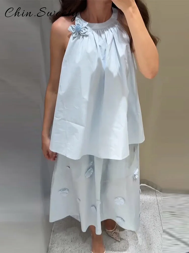 Moda 3d decalque saias longas define feminino solto o-pescoço sem mangas colete cintura elástica a linha saia plissada 2025 verão senhora ternos