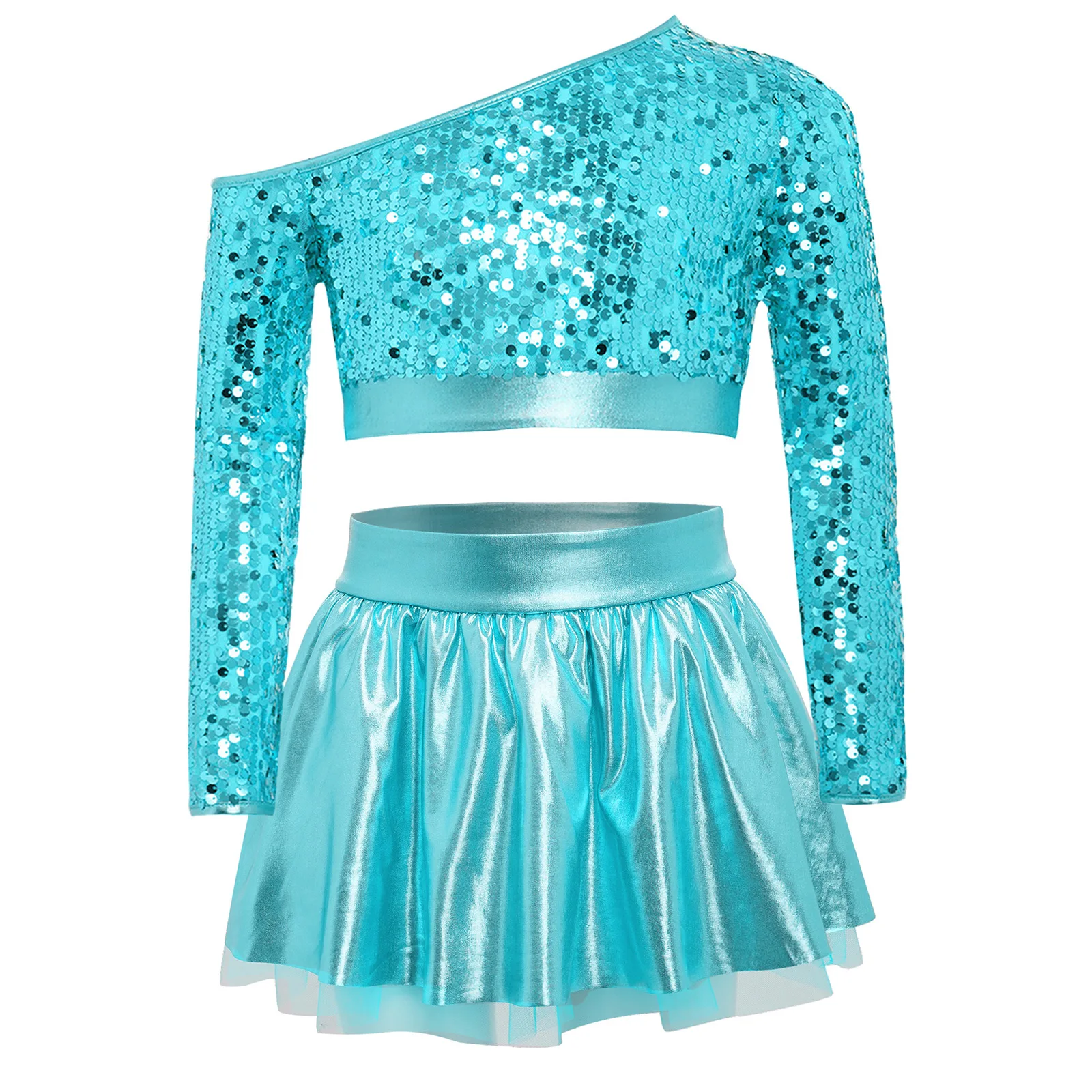 

Kids Girls Shiny Jazz Dance Costume Outfit Modern Tango Ballet Dancewear 2pcs One Shoulder Long Sleeve Sequin Top And Tutu Skirt