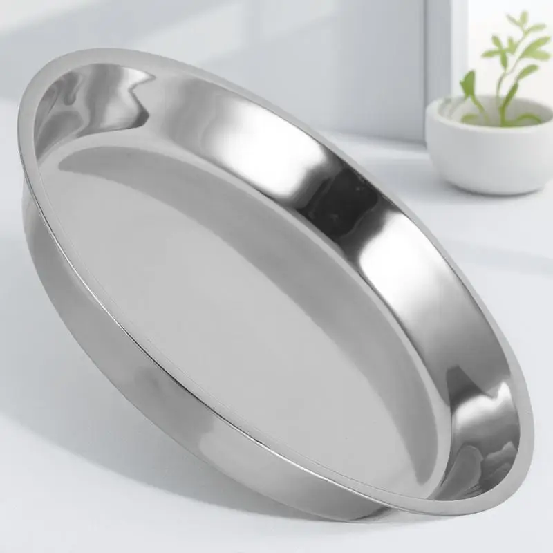 

Stainless Steel Flat Round Plate 28Cm Silver Premium Non-Magnetic Dish Fruit Serving Tray Camping Kitchen Accessory