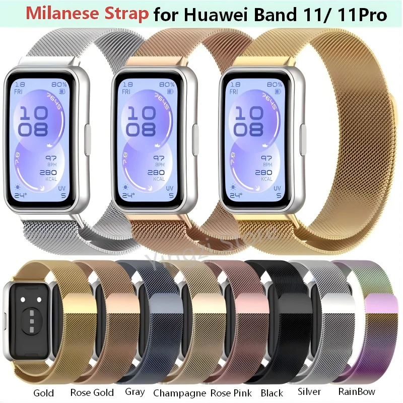 Pulseira de Aço Inoxidável para Huawei Band 11 11Pro Smart Watch, Bracelete Magnético Milanese para Pulseira HW Band11Pro