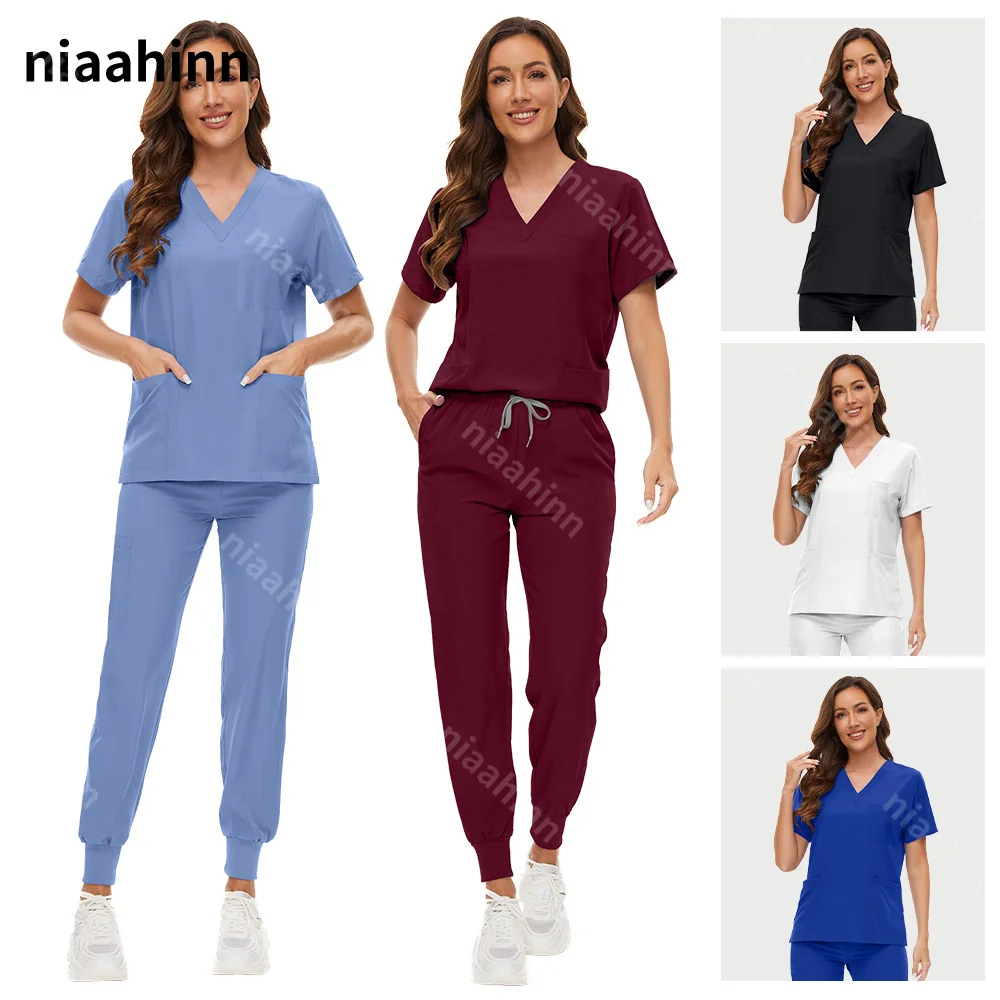 Conjuntos de esfoliantes femininos, acessórios para enfermeiras, slim fit, uniformes médicos hospitalares, tops, calças, clínica dentária, salão de beleza, spa, roupa de trabalho