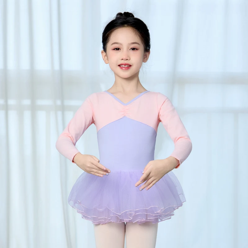 Mädchen Ballett Trikots Tanz Tutu Farbe Spleißen Tanz Bodys Langarm Kinder Gymnastik Trikot mit 4-lagigem Mesh Tutu Rock