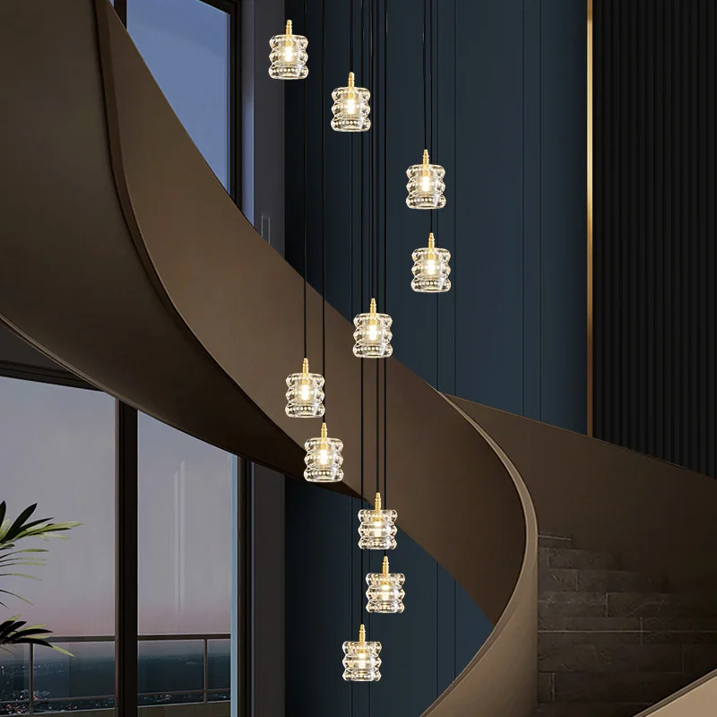 

Modern Copper Staircase Long Chandelier Light Luxury Crystal Lamp Villa Duplex Living Room Lamp Rotating Dining Room Lamp